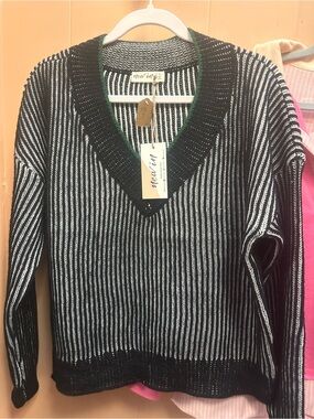 NWOT Striped V-Neck Sweater in Black & White with Green Trim